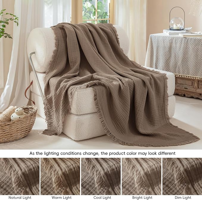 Muslin Fringe Blankets for Adults: 100% Cotton Cloud Soft | 4-Layer Gauze Breathable Lightweight All Season Throw Blanket for Bed Couch Sofa Office