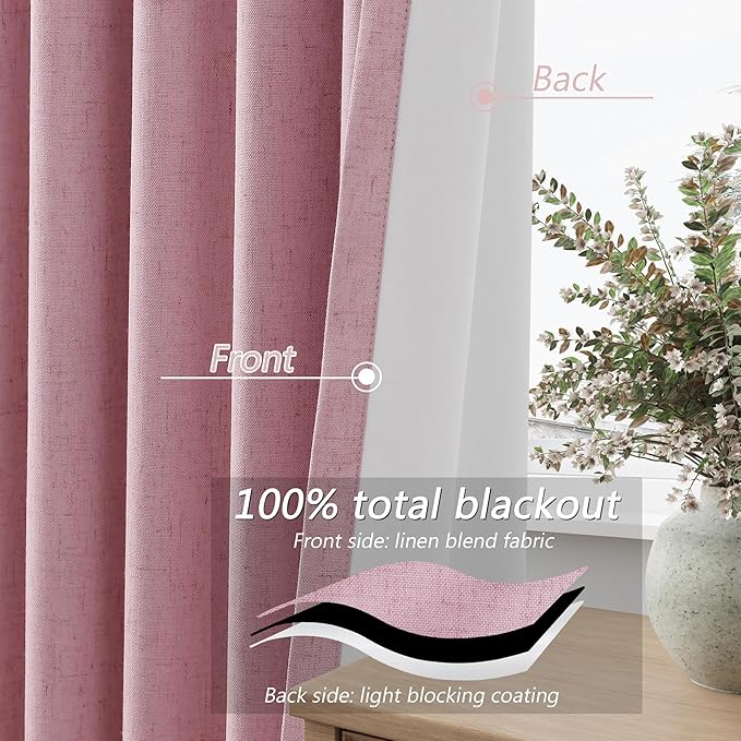 Guken 100% Blackout Curtains 90 Inch Length 2 Panels Set for Living Room Bedroom Back Tab Thermal Insulated Black Out Linen Drapes Room Darkening Rose,52x90
