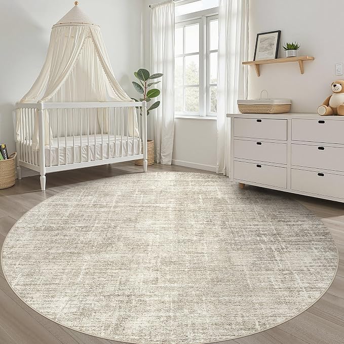 7ft Round Rug Living Room: 7x7 Washable Large Neutral Brown Circle Area Rug Abstract Soft Modern Stain Resistant Indoor Floor Non-Slip Carpet for Bedroom Nursery Kids Office Playroom Dining Room