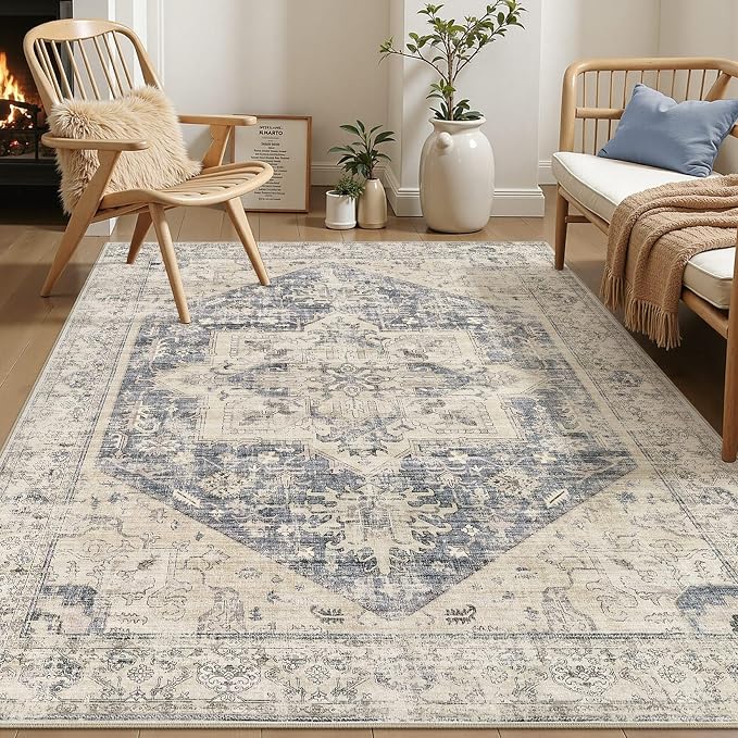 5x7 Area Rugs for Living Room - Large Carpet Ultra Thin Soft Washable Oriental Vintage Floral Distressed Big Indoor Carpets for Bedroom Nursery Dorm Home Decor Aesthetic - Blue Beige