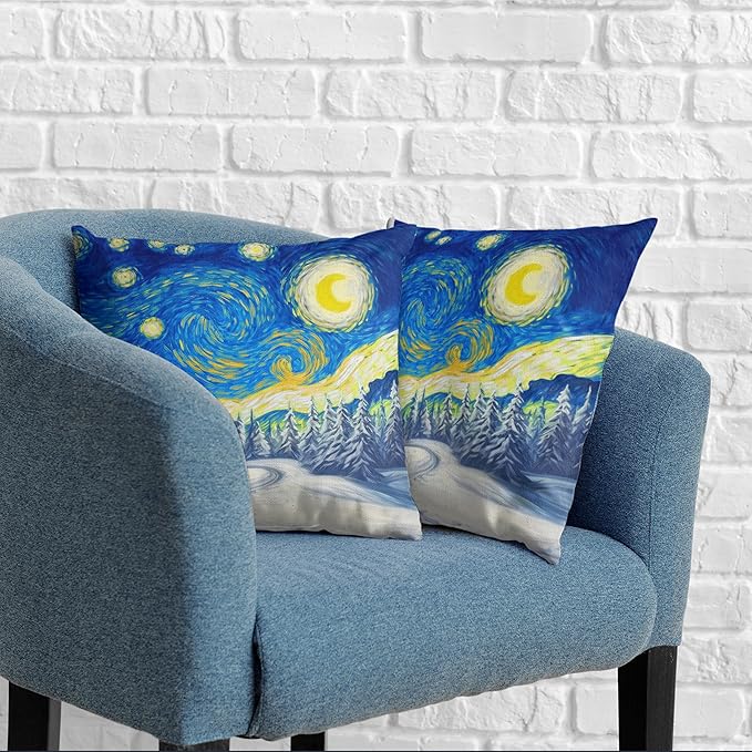 Winter Pine Forest Pillow Covers Van Gogh Starry Night Throw Pillow Covers Christmas Tree Pillowcase 22x22 Set of 2 Double Sided Printing Cushion Case for Living Room Couch Sofa