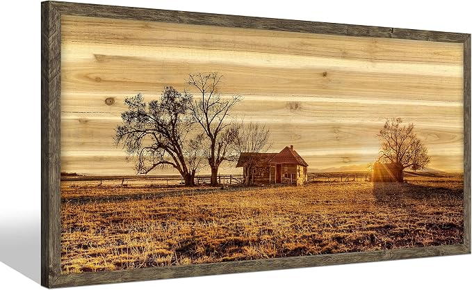 Bedroom Framed Wall Art Picture: Farmhouse Country Barn Wooden Painting Living Room Horizontal Nature Landscape Sunset View Print Long Panoramic Rustic Farm Cabin Sunrise Scene Artwork for Home