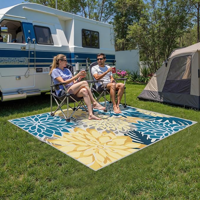 Colorful 8x10 Outdoor Area Rug Washable Multicolored Patio Rug Tropical Botanical Floral Chenille Waterproof Outdoor Carpet Non-Slip for Deck, Backyard, Porch, Ocean Dahlia