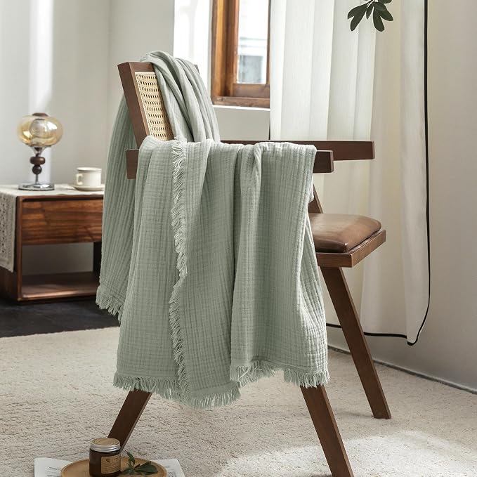 FOSSA Muslin Blanket 4-Layer 100% Cotton Gauze Blanket with Fringe 108"x98" | Super Soft Breathable Lightweight All Season & Decorative Blanket or Bed, Sofa, Office (Sage Green,Super King)
