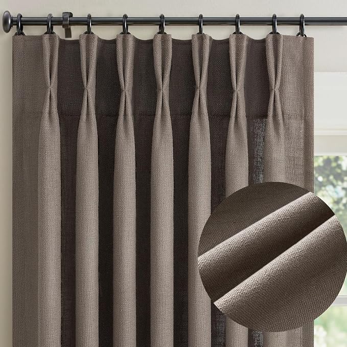Linen Pinch Pleated Curtains 92 Inches Long for Living Room 2 Panel Set Cottage Core Flax Double Pleated Drapes Back Tab Floor to Ceiling Semi Sheer Curtains for Dining Bedroom Chocolate Brown