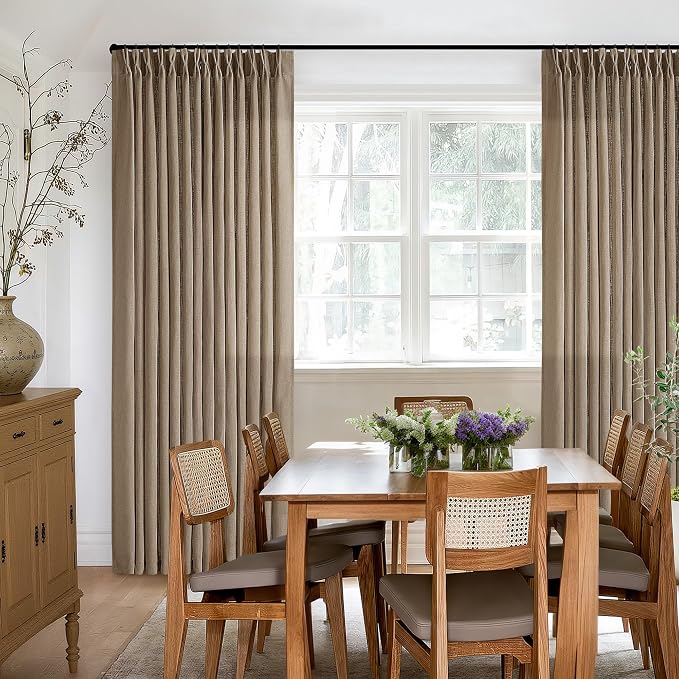TWODRAPES 98 Inch Tan Brown Linen Curtains for Living Room Pinch Pleated Drape with Hooks Rings for Track System Light Filtering 98 Inch Curtain for Bedroom Sliding Patio Door 2 Panels Latte