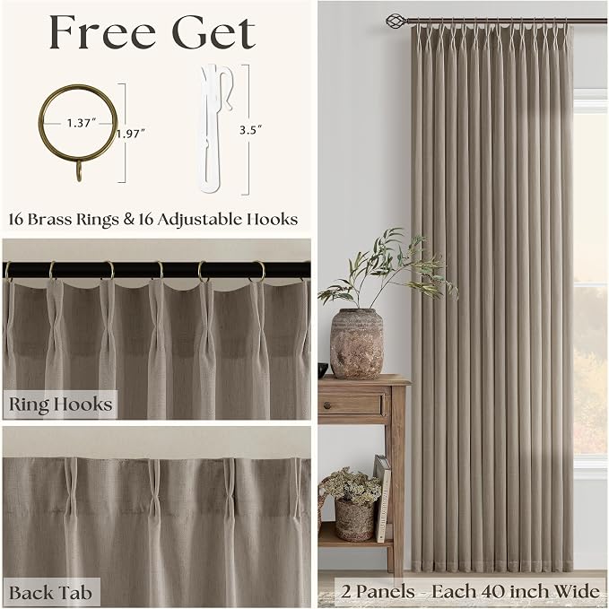 Greyish Beige Pinch Pleated Linen Curtains 120 Inch Length 2 Panels Set for Living Room Bedroom Light Filtering Taupe Greige Brown Semi Sheer Window Curtain Boho Neutral Pinch Pleat 120 Inch Drape