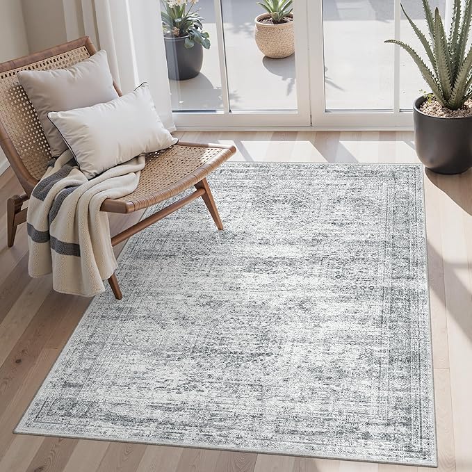 Soalmost Area Rugs 4x6 for Living Room, Vintage Washable Rugs for Dining Room, Kitchen, Non-Slip Area Rug Grey