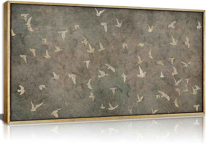 Large Wood Framed Bird Silhouette Wall art,Vintage-Inspired Flying Birds Canvas Print,Rustic Natural scenery Picture Poster,Modern Art Calm Warm Painting Artwork for Bedroom Living Room Office
