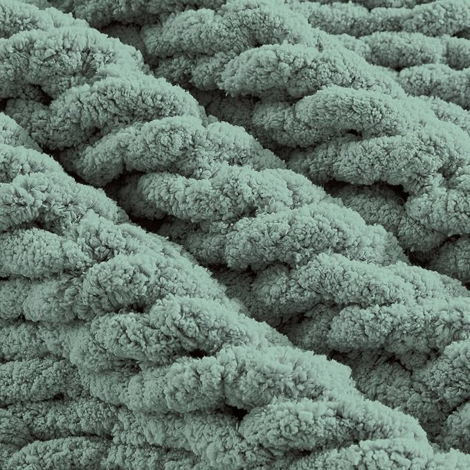 Carriediosa Chunky Knit Throw Blanket 60" X 80" Twin, 100% Hand Made Large Chenille Loop Yarn Soft Fluffy Throws for Couch Sofa Bed, Big Crochet Cozy Heavy Thick Cable Woven Blankets, Sage Green