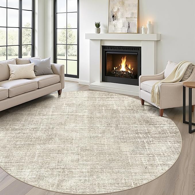 8ft Round Rug Living Room: 8x8 Washable Large Neutral Brown Circle Area Rug Abstract Soft Modern Stain Resistant Indoor Floor Non-Slip Carpet for Bedroom Nursery Kids Office Playroom Dining Room