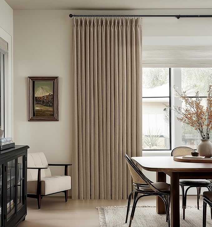 Thick Linen Pinch Pleat Curtains 86 Inches Length 2 Panels Set Latte Taupe Rustic Memory Trained Semi Sheer Privacy Flax Linen Window Drapes Track System 50 Inch Wide Curtain for Living Room Bedroom