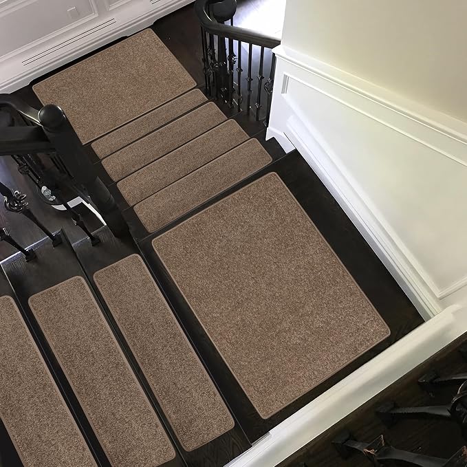 PURE ERA Carpet Stair Treads Tape Free Non Slip Indoor Stair Carpet Stair Protectors Pet-Friendly Non-Slip Skid Resistant Washable Reusable 8" x 30"(7 Pieces,Brown)