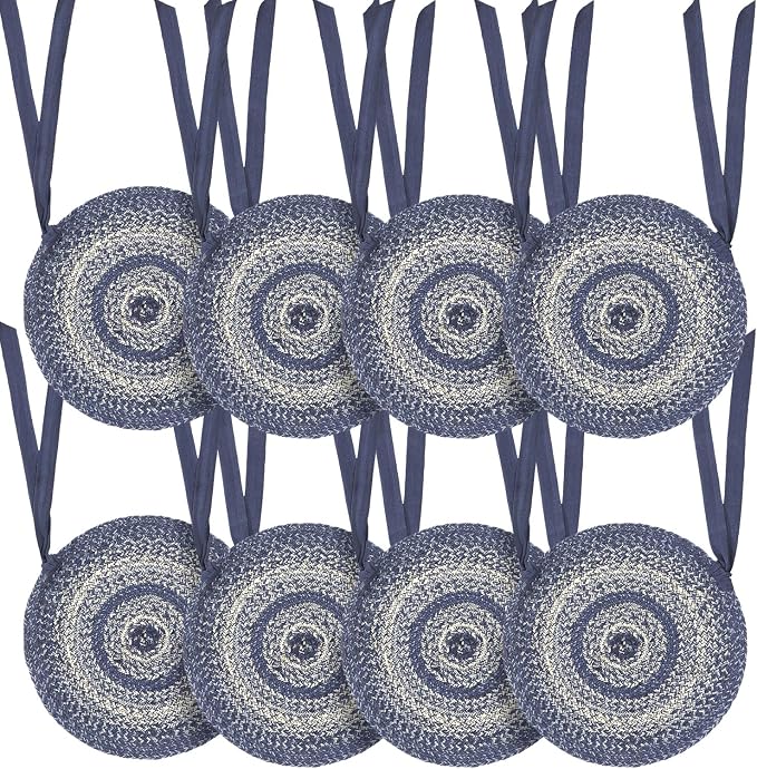 VHC Brands Great Falls Blue Round Seat Cushion Chair Pad, Blue White, Jute Blend with Ties, 15x15 Inches, Set of 8