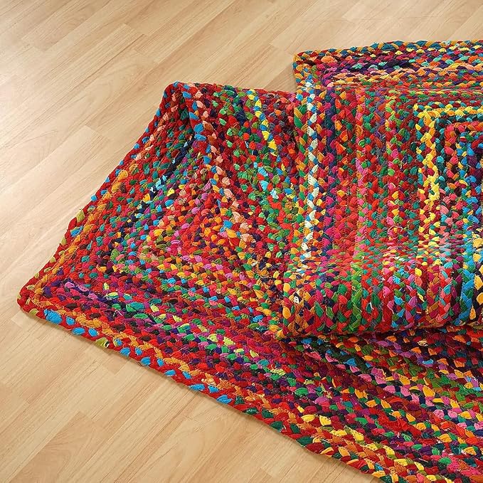 GRUHUM 8x10ft Jute Area Rug Natural Fibre Handmade Boho Farmhouse Soft Braided Chindi Rustic Vintage Rug for Indoor Kitchen Bedroom Living Room Hallways Enterways 8x10 feet Multicolor