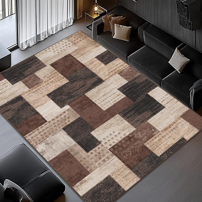 Modern Geometric Patchwork Indoor Area Rug for Living Room, Chocolate 10'x 14' Large Rug Rockwood Collection Hardwood Floors Decor for Bedroom, Brown Throw Carpet for Office Dining Room