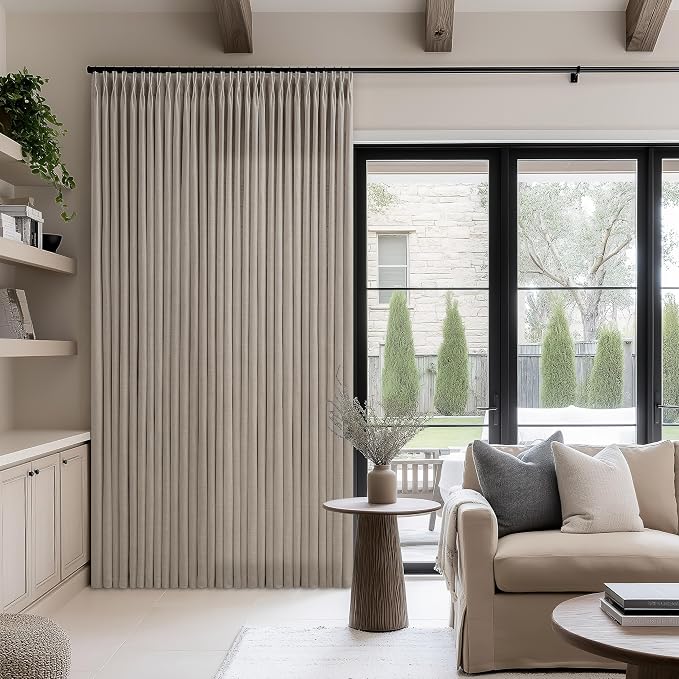 Taupe Pleated Linen Curtains 120 Inches Long 70 Inch Width Extra Wide for Living Room Bedroom Semi Sheer 120 Inch Length Back Tab Hooks Rings Pinch Pleat Greige Curtains for Patio Glass Door 1 Panel
