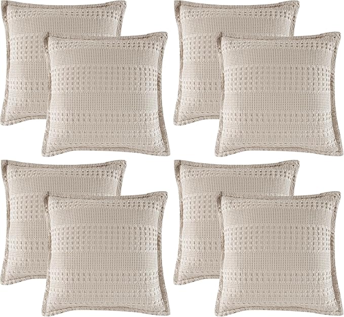 PHF 100% Cotton Ruffle Waffle Weave Euro Sham Covers, 8 Pack 26" x 26" Bed Pillow Covers for Elegant Home Decor, No Filling, Luxury Aesthetic Euro Pillow Cases for Bed, Oatmeal