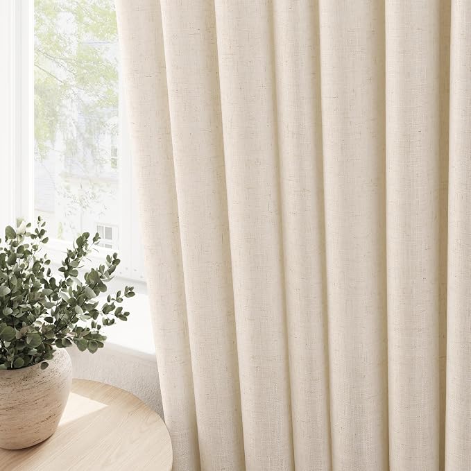 Cream Beige Linen Curtains 84 Inches Length for Living Room Grommet Top Design Non-See-Through Semi Sheer Privacy Drapes Light Filtering Sheer Window Curtain for Sliding Glass Door 52x84, 2 Panels