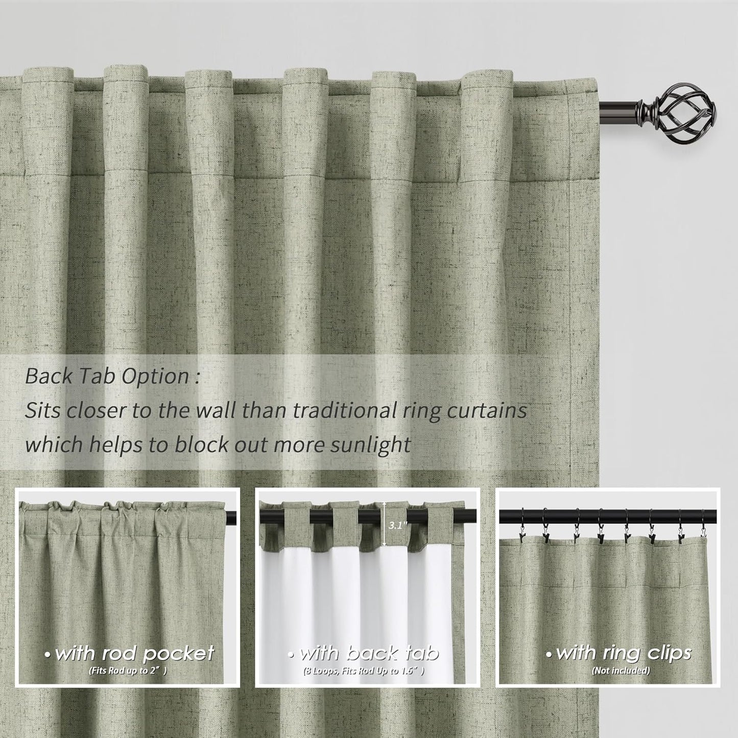 BOODII Sage Green Blackout Curtains for Bedroom 90 Inch Length Off White Black Out Drapes Modern Aesthetic Decorative Curtains for Nursery Boy Thermal Insulated Noise Reducing Linen Textured Curtain