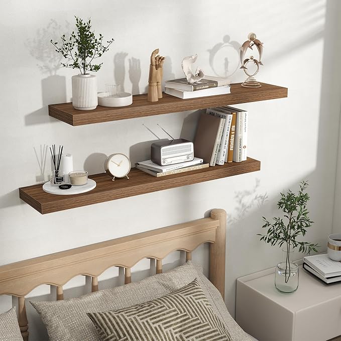 Fun Memories Rustic Wood Floating Shelves for Wall, Space-Saving Wall Mounted Shelves for Bathroom, Bedroom, Living Room and Kitchen, Stylish Storage & Display (Set of 2, Walnut, 40 in)