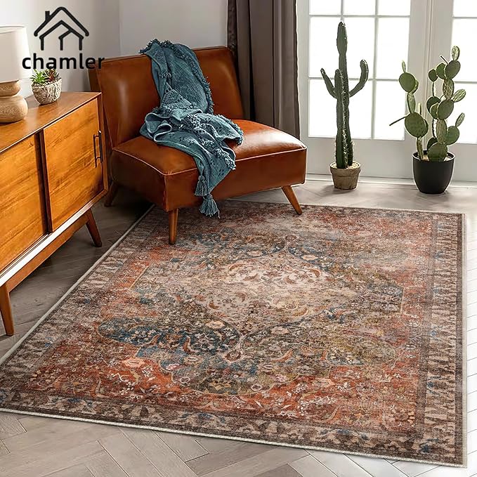 chamler 3x5 Area Rug Vintage Washable Thin Tangerine Traditional Floor Cover Foldable Indoor Distressed Non Slip Carpet Floral Print Mat Rugs for Bedroom Living Room Bathroom