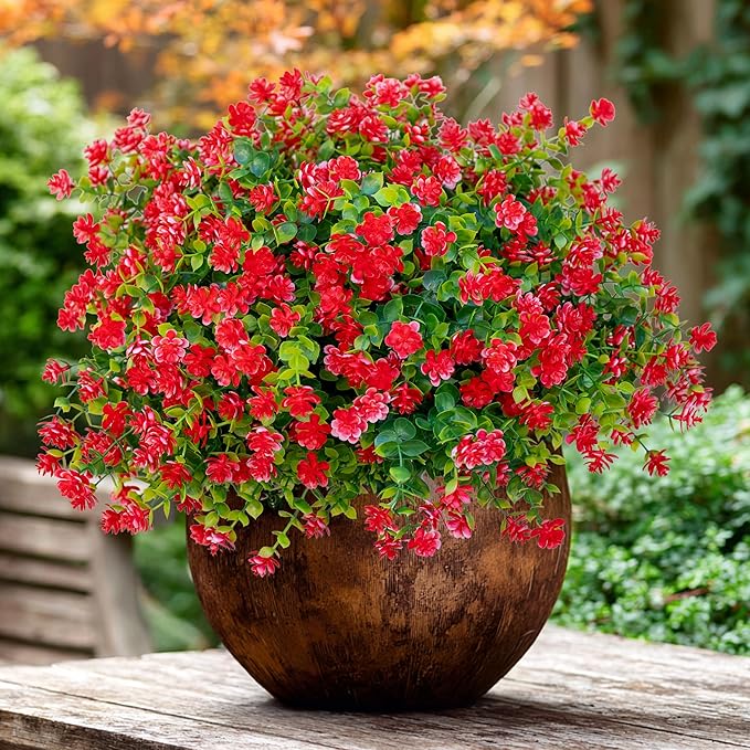 AXYLEX Artificial Flowers for Outdoors Fake Plants - 12 Bundles Faux UV Resistant No Fade Plastic Greenery Home Garden Porch Patio Decoration Boxwood Shrubs (Red)