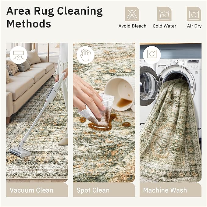 Soalmost 5x7 Area Rugs Green Orange Low Pile Indoor Washable Trendy Faded Style Rugs for Bedroom Living Room Dining Room Foldable Non-Slip Thin Print Mat