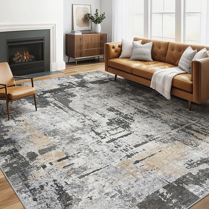 6x8 Area Rug Living Room: Washable Large Abstract Modern Soft Rug Stain Resistant Indoor Floor Non-Slip Accent Carpet for Bedroom Nursery Playroom Dining Room Office Dorm Home House- Black Gold