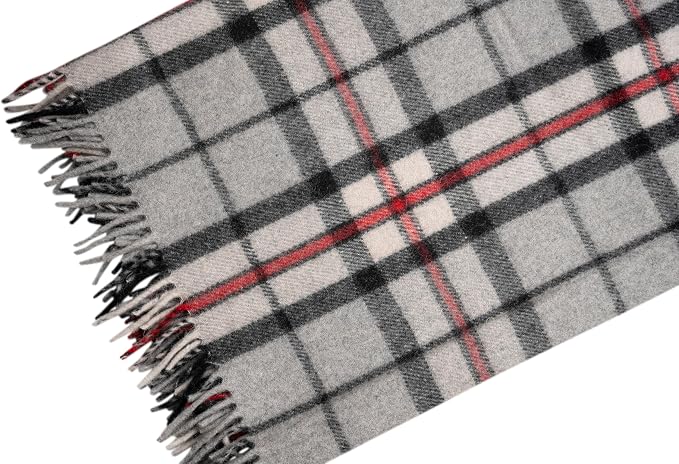 Briomhar Tartan Throw Blanket Plaid - Scottish Wool Blanket, Thick Warm Throw with Fringed Edges 60 x 70 inches (Thomson Grey)