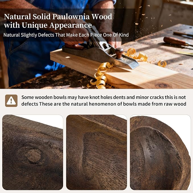 Hanobe Decorative Bowl for Entryway Decor: Large Key Holder Bowl for Coffee Table Decor - Rustic Wooden Baguette Fruit Bowl for Kitchen Counter Decor - Catch All Dough Bowl for Centerpiece