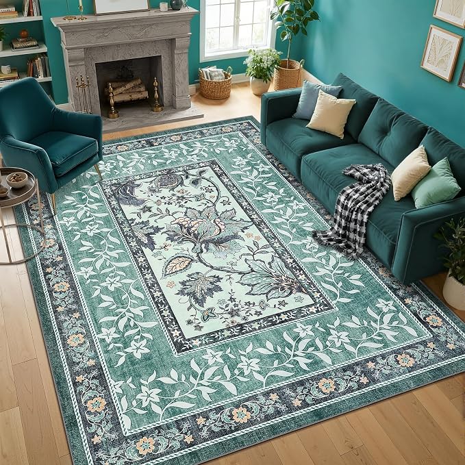 GarveeHome Teal 8x10 Area Rugs for Living Room, Botanical Grove Cottagecore Washable Rug for Bedroom Dining Nursery Low-Pile Vintage Large Carpet
