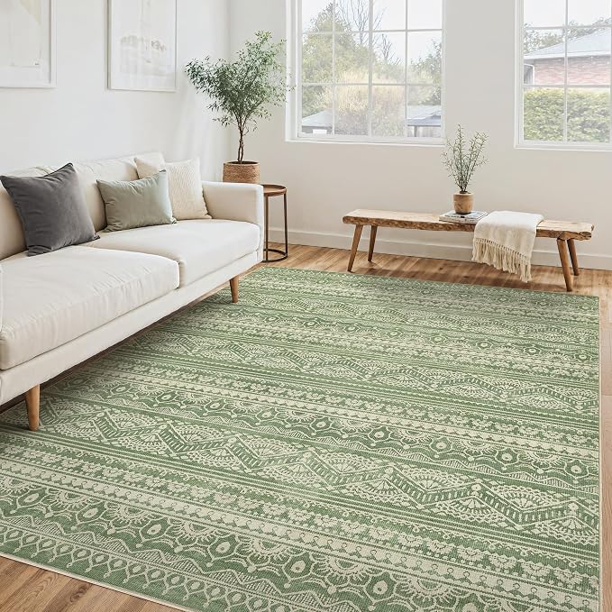 Tortania Area Rug Living Room Rugs - 6x9 Washable Large Soft Neutral Boho Moroccan Bohemian Farmhouse Rug Indoor Floor Carpet for Bedroom Under Dining Table Home Office Decor - Green