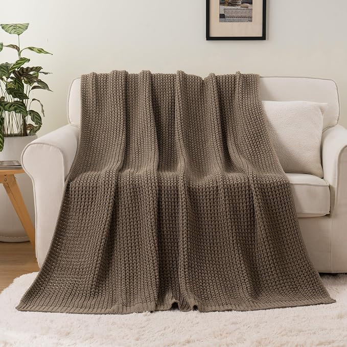 Bunnikins & Clover Knitted Waffle Throw Blanket 60x80 Inches, Camel Tan Throw Blanket for Couch, Tan Blanket Fluffy Cozy Knit Soft Throws for Women Mothers Birthday Gifts