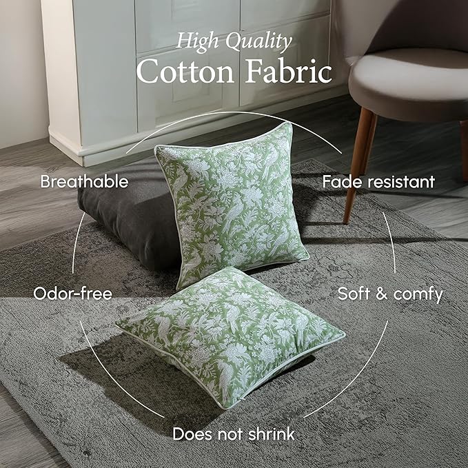 CPC 100% Cotton Throw Pillow Covers 18x18 Inch, Set of 2 Green Block Print Pattern Couch Pillow, Cute Boho Decorative Pillows for Living Room, Bedroom with Hidden Zipper- Olive Green