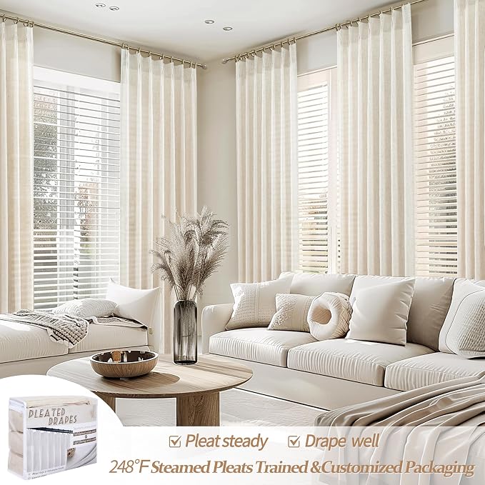 PleatedDrapes Short Viral Shower 45 inch Curtains, Boho Pinch Pleat Thick Linen Cottage Core Sheer Curtain Light Filtering Privacy for Kitchen/Cafe Small Window Back Tab Drape Decor 3-3/4FT Panels x 2