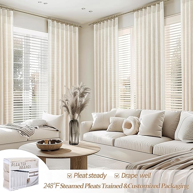 PleatedDrapes 102 Inch Long Curtains for Living Room, Light Filtering Privacy Pinch Pleated Curtain Back Tab for Track System Semi Sheer Drapes Cream Ivory Faux Linen Textured 40" W x 102" L 2 Panels