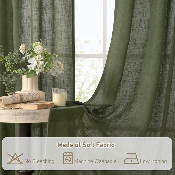 LAMIT 45 Inch Short Window Linen Curtains, Light Filtering Panels Back Tab and Rod Pocket Christmas Decor Drapes for Cafe/Bathroom/Loft Room, Olive Green, 2 Panels, 34 x 45 Inch
