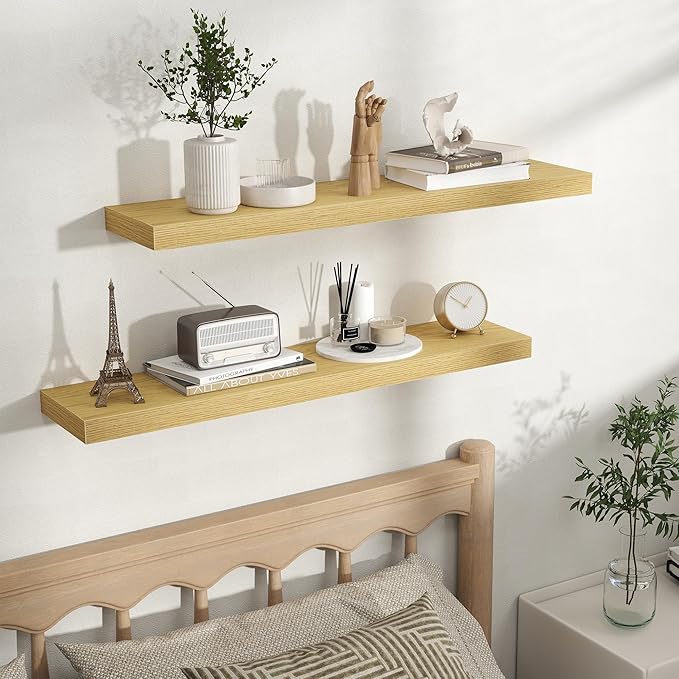 Fun Memories Rustic Wood Floating Shelves for Wall, Space-Saving Wall Mounted Shelves for Bathroom, Bedroom, Living Room and Kitchen, Stylish Storage & Display (Set of 2, Oak, 36 in)