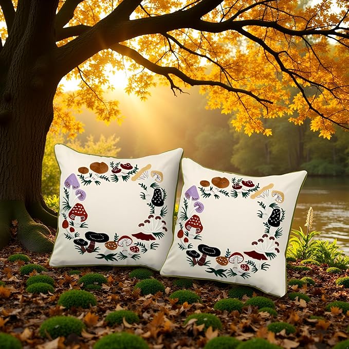 Mushroom Pillow Covers 18 x 18 Set of 2 Embroidered Throw Pillow Covers Mushrooms Decorative Pillowcases Farmhouse Cotton Pillow Cushion Cases Spring Summer Home Decor Square Floral Pillow Case