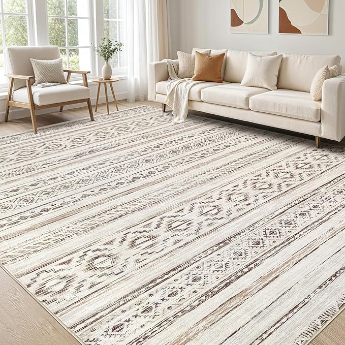 cotiled 5x7 Area Rug Living Room: Washable Boho Rugs with Non Slip Backing Large Soft Indoor Stain Resistant Carpet for Bedroom Farmhouse Dining Room Lightweight Home Decor Cream Brown