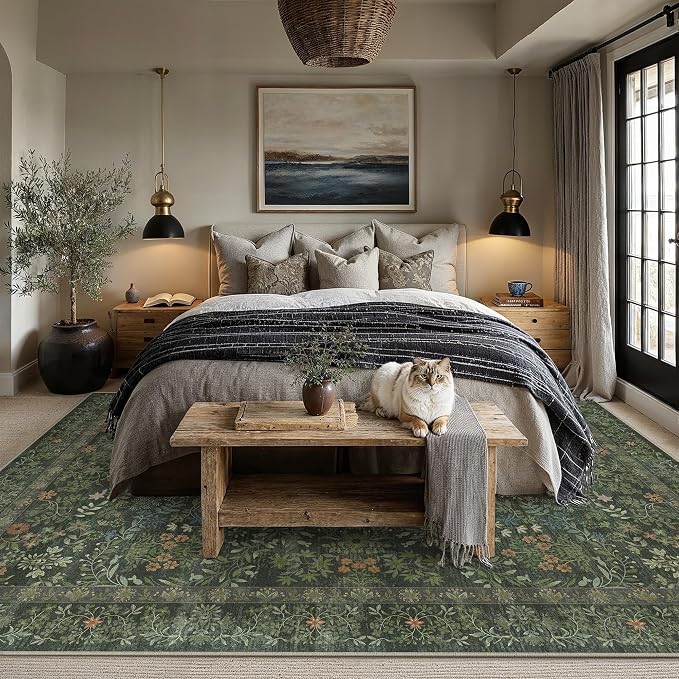 PureCozy 8x10 Dark Green Area Rug for Living Room Bedroom Washable Vintage Floral Carpet Low Pile Non Slip Botanical Aesthetic Large Dining Room Soft Accent Throw Rug Nursery Office Indoor