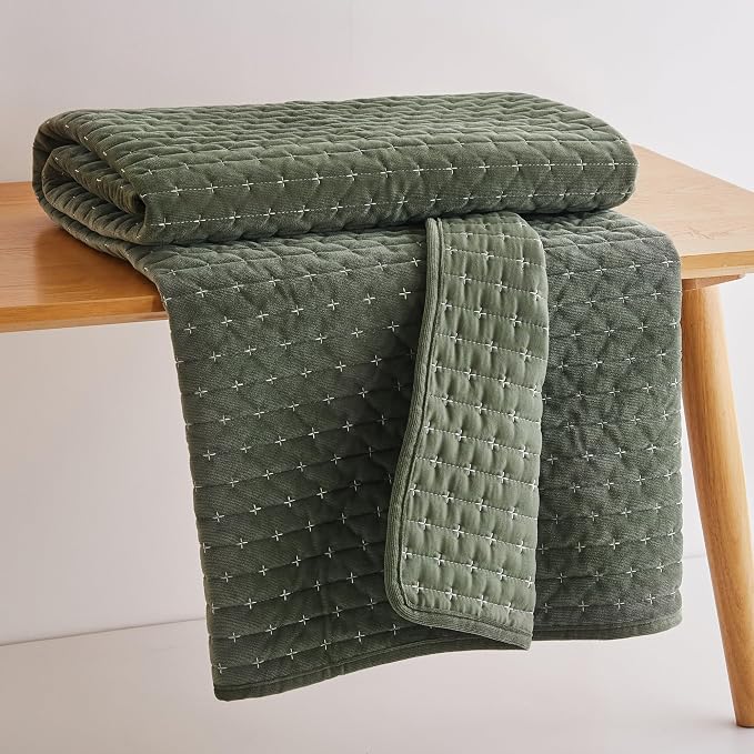 Levtex Home - Velvet Stitch - Throw - Cross Stitch Velvet - Green with White - Quilt (50x60in.) and Sham 50x60in. - Polyester