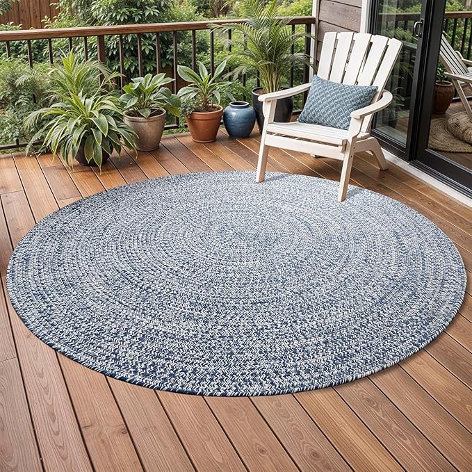 Superior Indoor/Outdoor Area Rug, Dual-Tone Reversible Braided Floor Decor for Patio, Front Porch, Entryway, Living Room, Office, Nursery, Artistic Home, 6' Round, Denim Blue-White