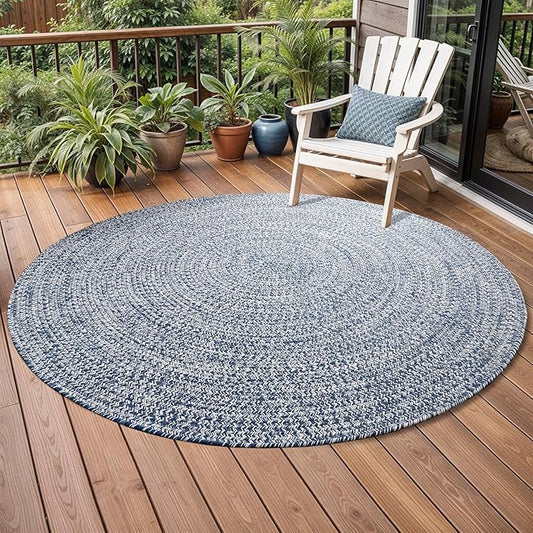 Superior Indoor/Outdoor Area Rug, Dual-Tone Reversible Braided Floor Decor for Patio, Front Porch, Entryway, Living Room, Office, Nursery, Artistic Home, 6' Round, Denim Blue-White