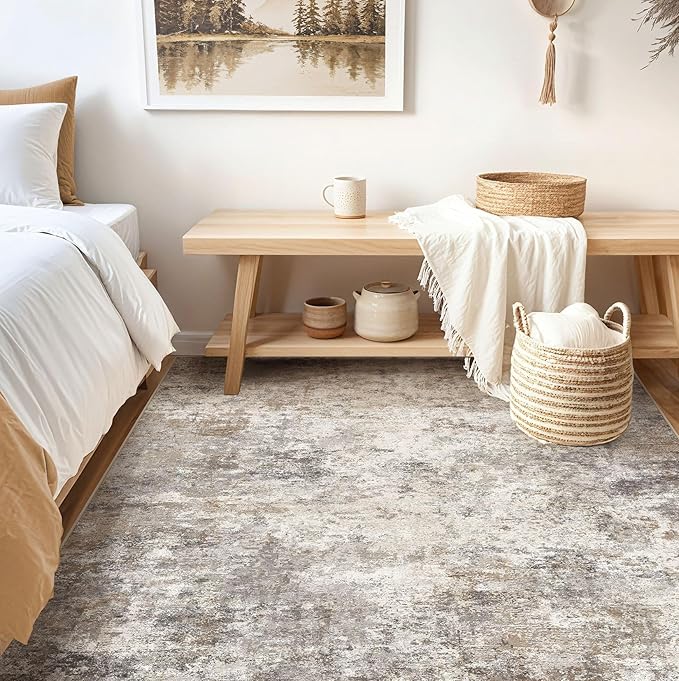 UERMEI Square Area Rugs : Washable 6x6 Neutral Modern Abstract Carpet for Living Room Bedroom - Soft Floor Mat with Non Slip Backing for Kitchen Nursery Dorms Farmhouse Home Decor - Brown Grey