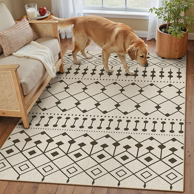 HUGEAR 3x5 Outdoor Rug Black/Beige Linen-Look Fabric Boho Area Rug High Traffic Stain Resistant Easy Clean Durable Rugs for Indoor/Outdoor Patio Deck Balcony Porch Garden Courtyard