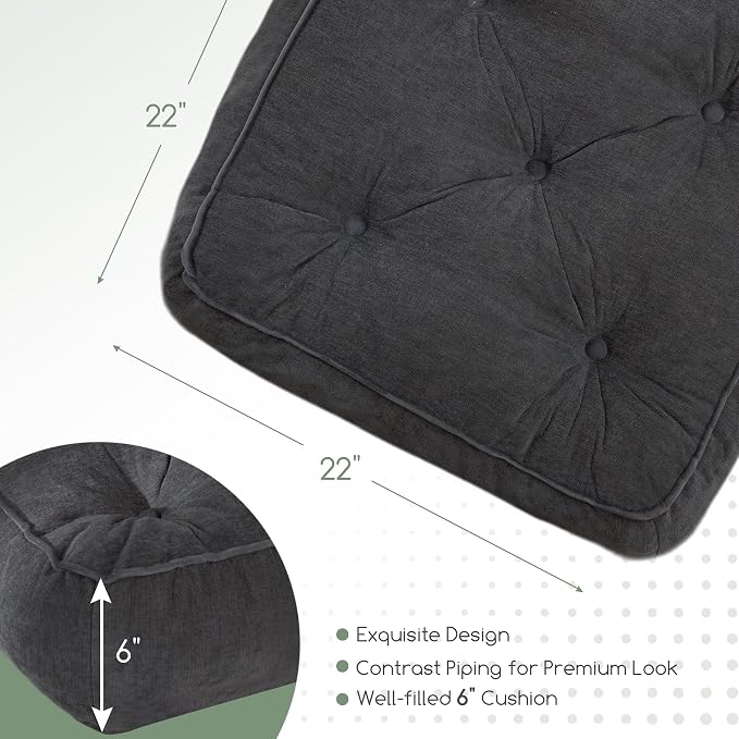 6" Extra Thick Floor Pillow Cushion for Adults, Meditation Cushion Pillow with Handle, Lustrous Chenille Tufted, Square Floor Sitting for Tatami Living Room or Yoga, 22x22 Inch, 2Pack, Dark Grey