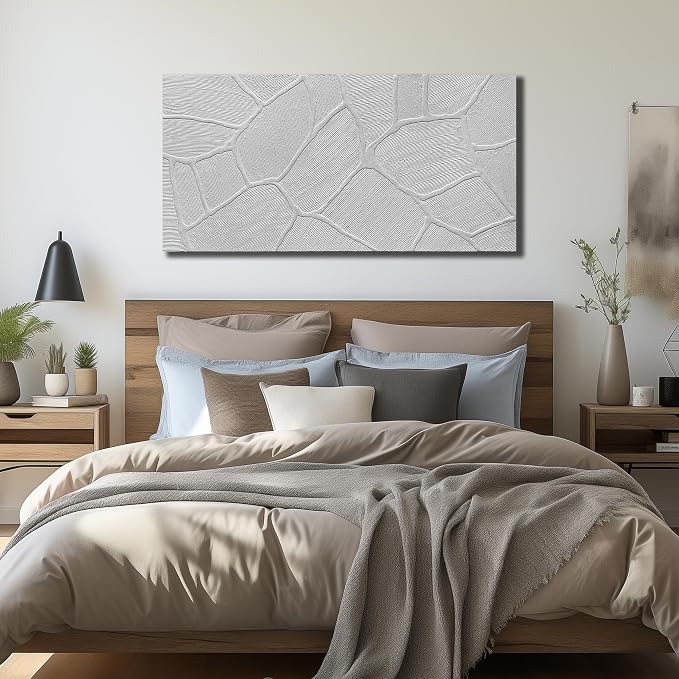 DNIEOTU Abstract Textured Canvas Wall Art for Living Room, White Wall-Decor for Bedroom, Modern Minimalist Geometric Paintings for Hallway Office, Size 47 x 24 Inches Hand Painted