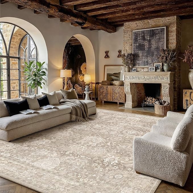 HUGEAR Area Rugs 10x12 Beige Washable Rug for Living Room Bedroom Large Neutral Vintage Rug Carpet Distressed Soft Durable Non Slip No Shedding for Indoor Dining Nursery Farmhouse
